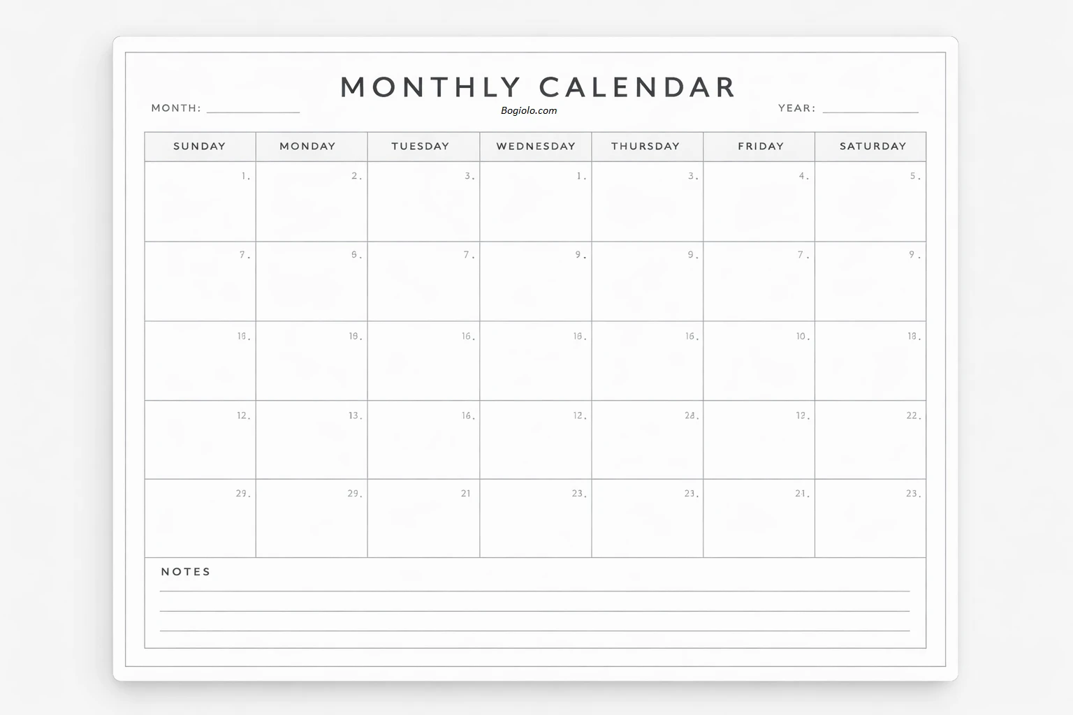 Simple Monthly Calendar Template PDF