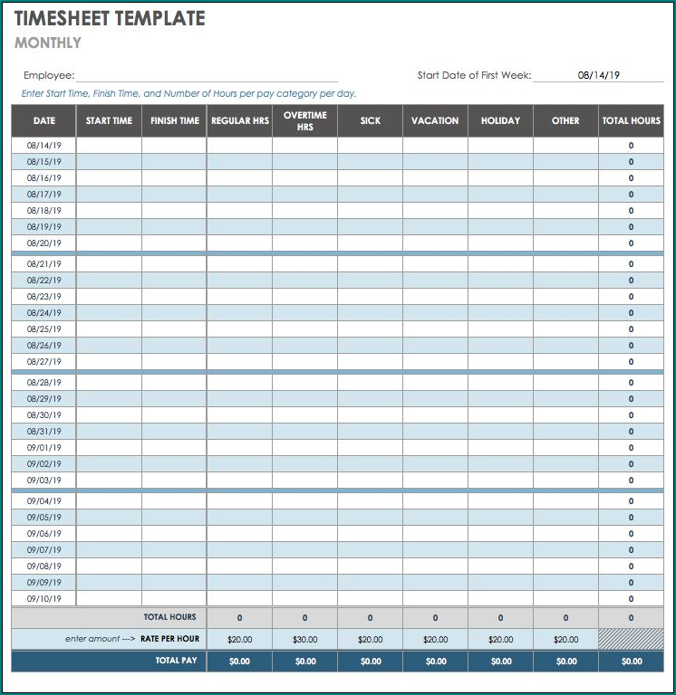 Monthly Timesheet Template Sample