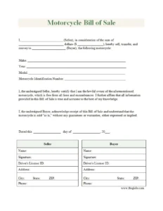 Simple Motorcycle Bill of Sale Template Word