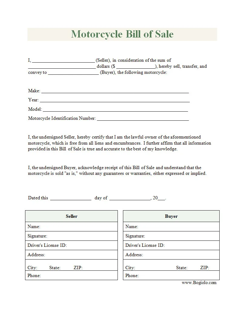 Simple Motorcycle Bill of Sale Template Word