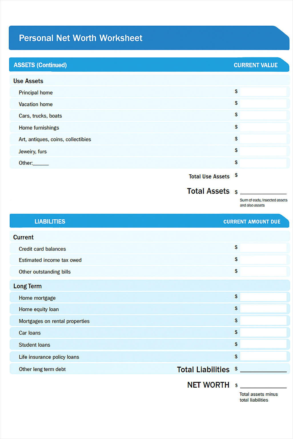 Free Printable Net Worth Statement Template