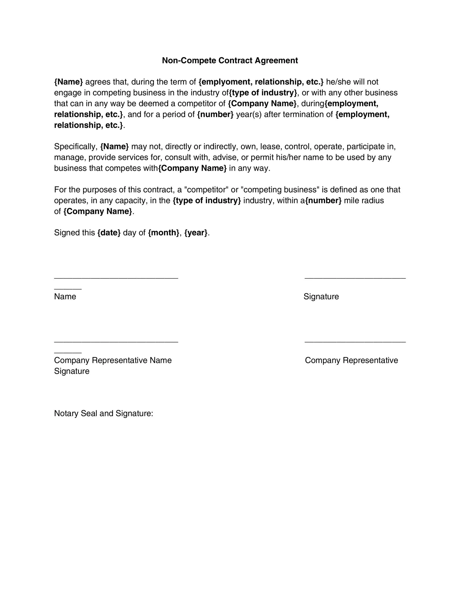 Non Compete Agreement Template Simple Non-Compete Agreement Template Word