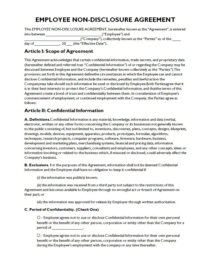 Non-disclosure Agreement Template for Employees
