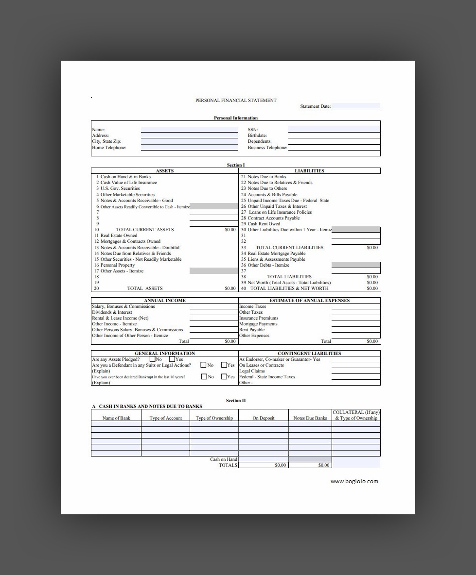 Free Printable Personal Financial Statement Template