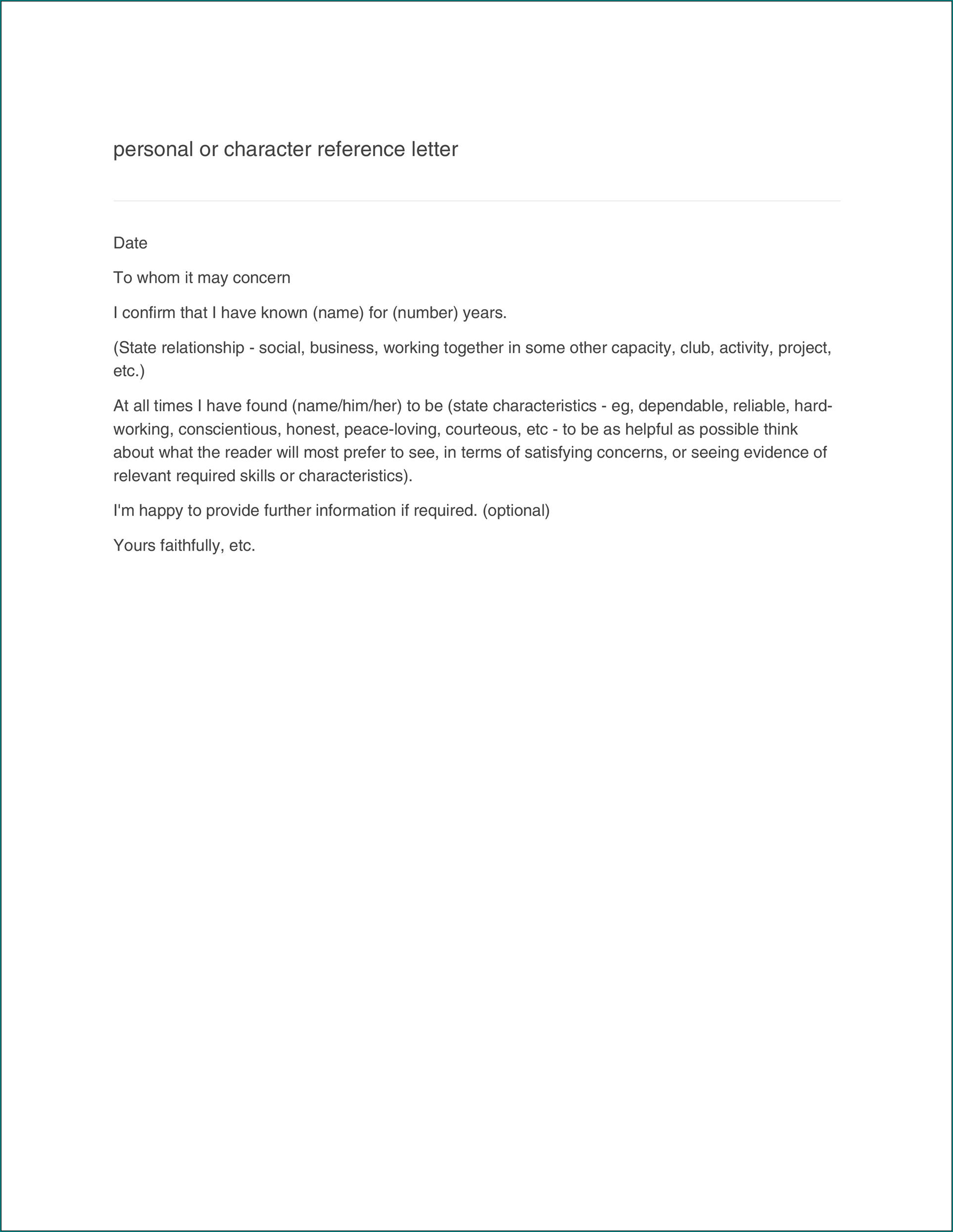 Personal Reference Letter Template Sample