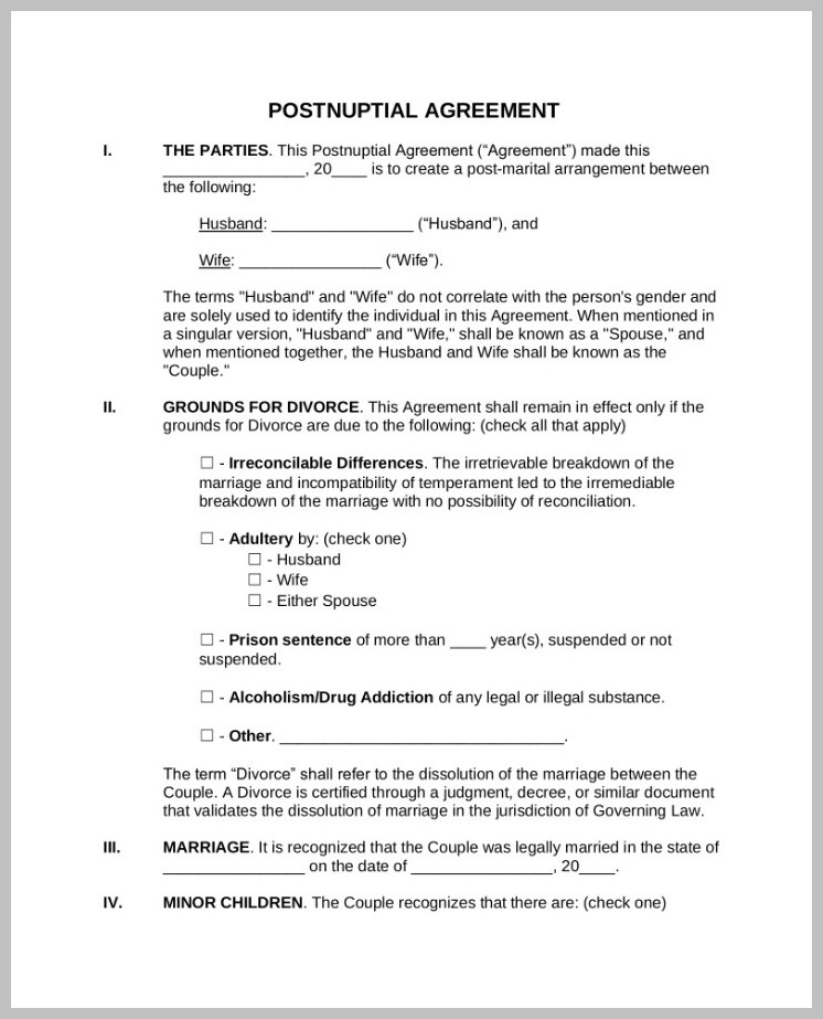 Postnuptial Agreement Template Example Postnuptial Agreement Template Example