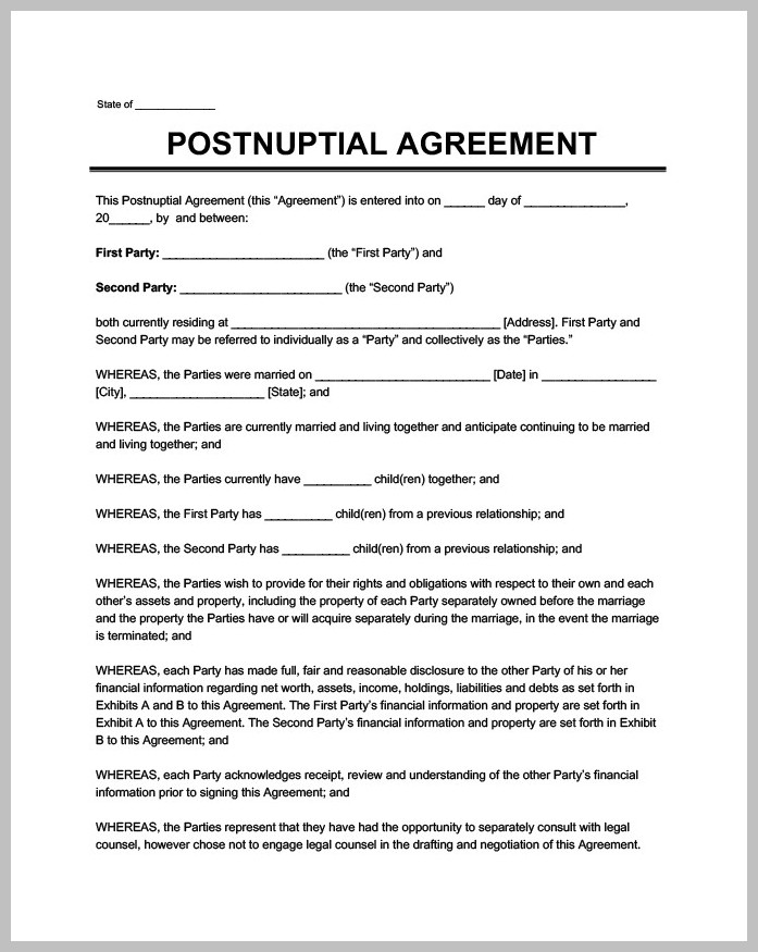 Postnuptial Agreement Template Sample Postnuptial Agreement Template Sample