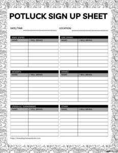 Potluck Sign up Sheet Template