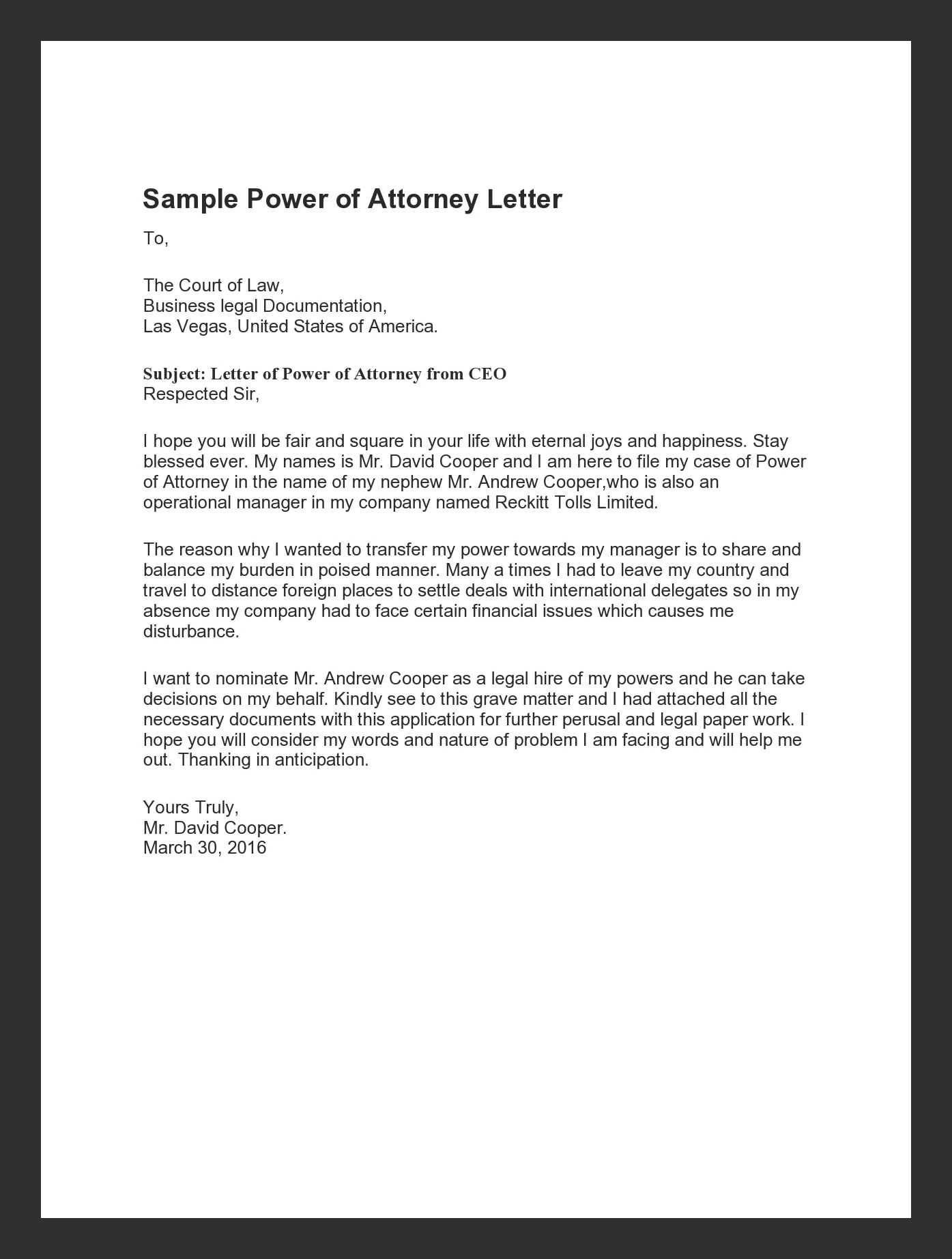 Power of Attorney Letter Template Power of Attorney Letter Template