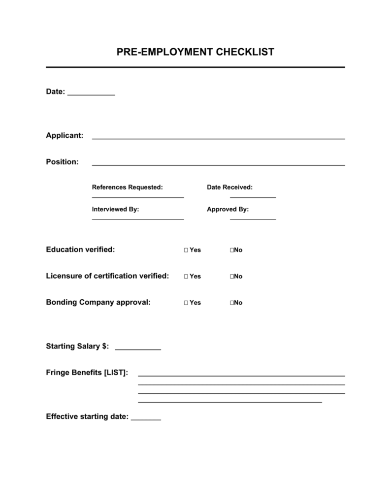 Pre Employment Checklist Template