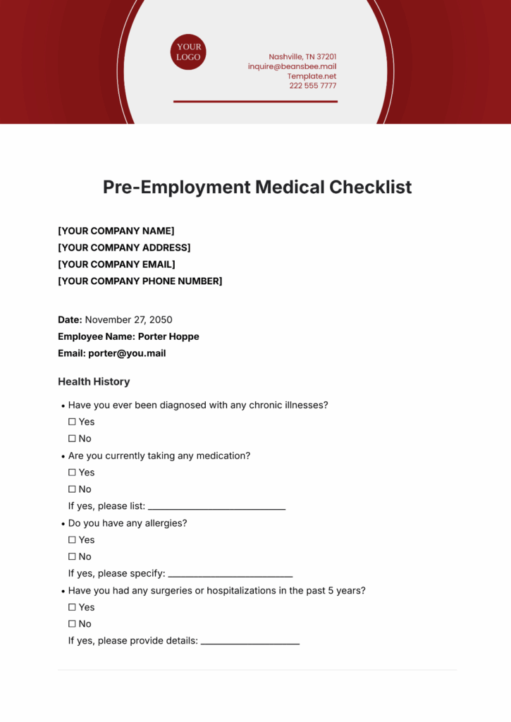 Pre Employment Checklist Template