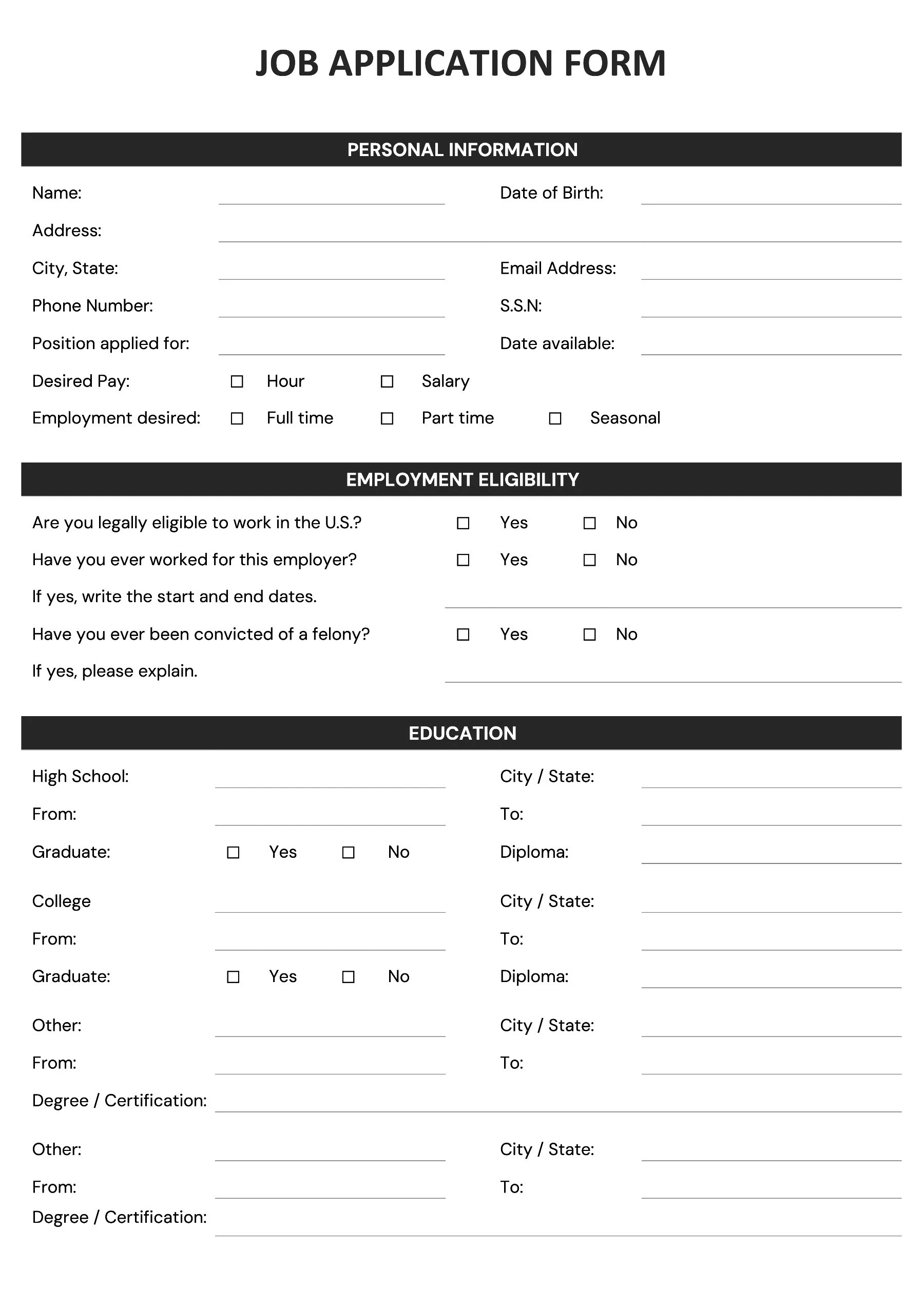 Printable Job Employment Application Template