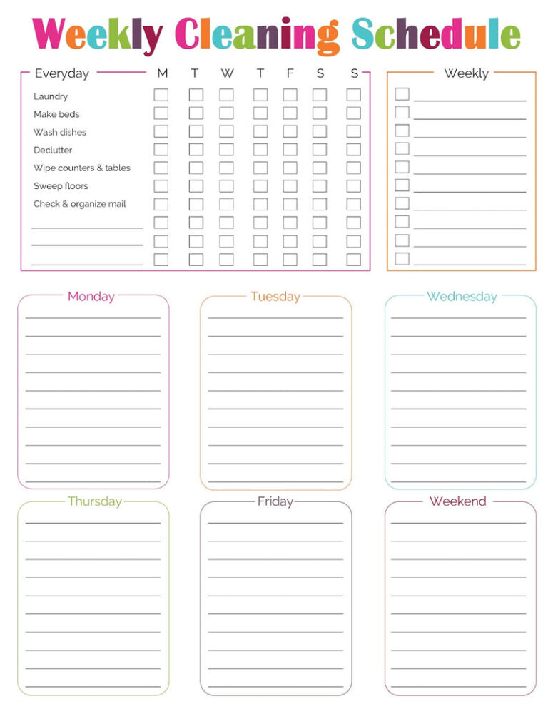 Printable Weekly Cleaning Chart Template Bogiolo