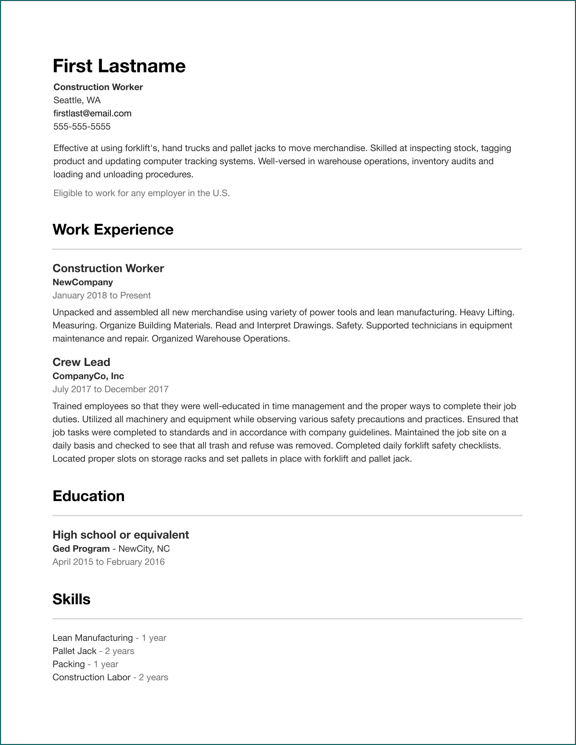 Professional Resume Format Example