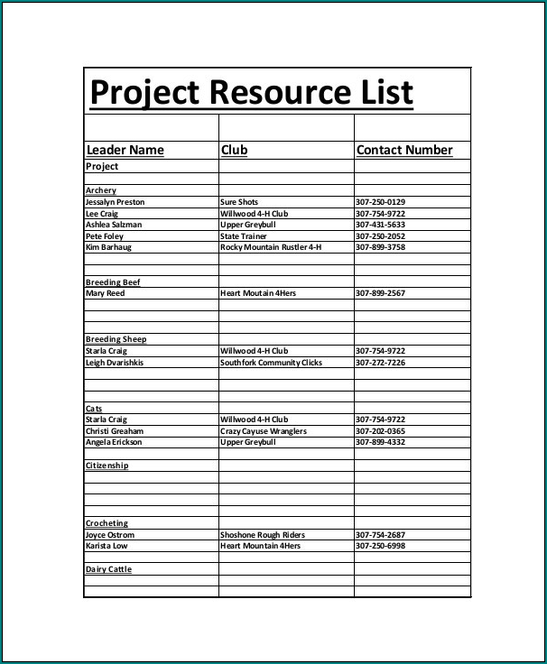 Project List Template Example