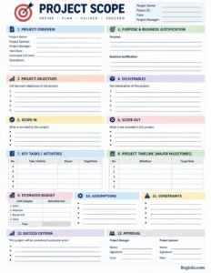 Printable project scope template with project goals, deliverables, tasks, timeline, costs, requirements, and scope boundaries