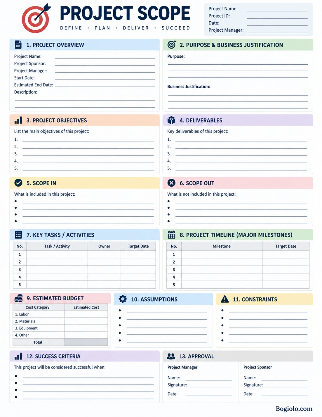 Printable project scope template with project goals, deliverables, tasks, timeline, costs, requirements, and scope boundaries