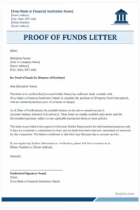Proof of funds letter template with bank information, available balance, recipient details, verification statement, and authorized signature