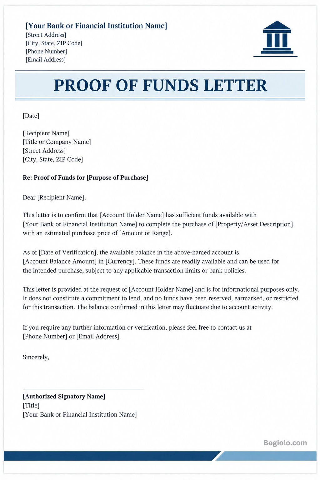 Proof of funds letter template with bank information, available balance, recipient details, verification statement, and authorized signature