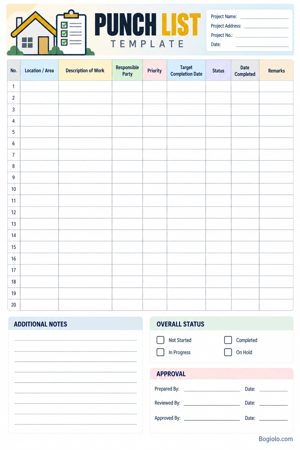 Printable punch list template for tracking construction tasks, corrections, responsibilities, completion dates, and project status