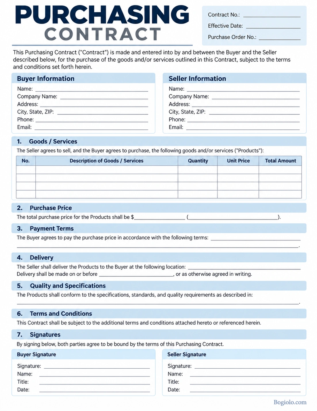 Purchasing Contract Template purchasing contract template with buyer and seller information, purchase price, payment, delivery, and signature sections