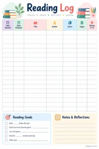 Printable reading log template for tracking books, authors, pages, ratings, goals, and reflections