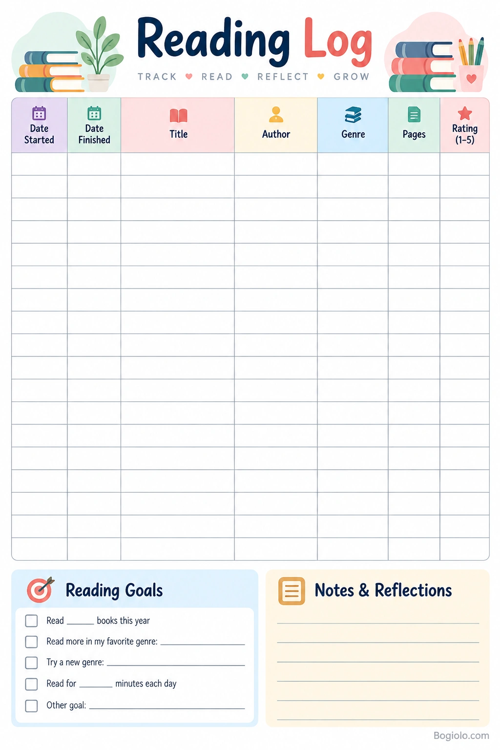 Reading Log Template Printable reading log template for tracking books, authors, pages, ratings, goals, and reflections