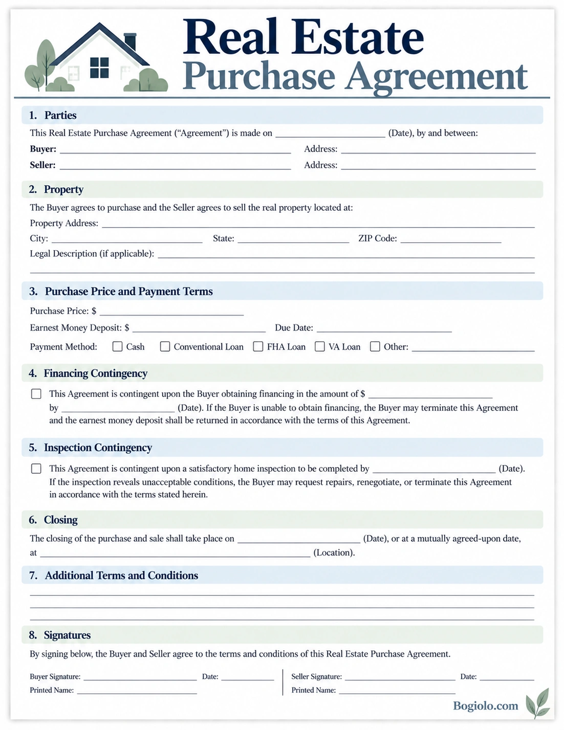 Real Estate Purchase Agreement Template Printable Real Estate Purchase Agreement Template with property sale terms, contingencies, closing details, and signatures