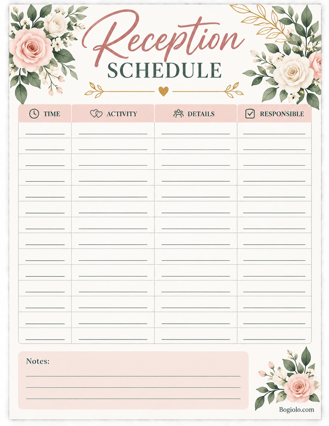 Reception Schedule Template Printable reception schedule template with wedding activities, times, details, responsibilities, and notes