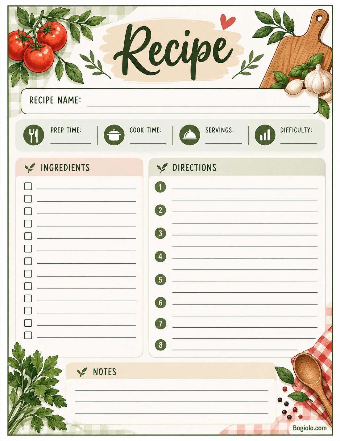Recipe Book Template Printable recipe book and recipe card template with sections for ingredients, directions, cooking times, servings, and notes