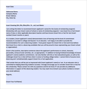 Recommendation Letter Template for Scholarship