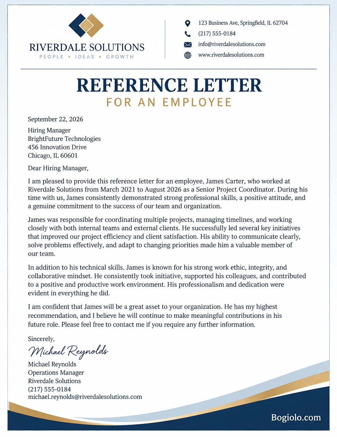 Reference Letter for an Employee sample showing professional work experience, skills, achievements, and recommendation
