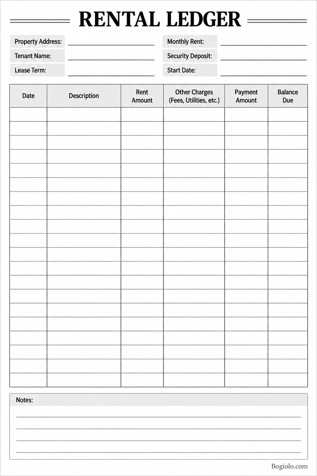 Printable rental ledger template with property details, tenant information, rent amounts, other charges, payment records, and balance due columns