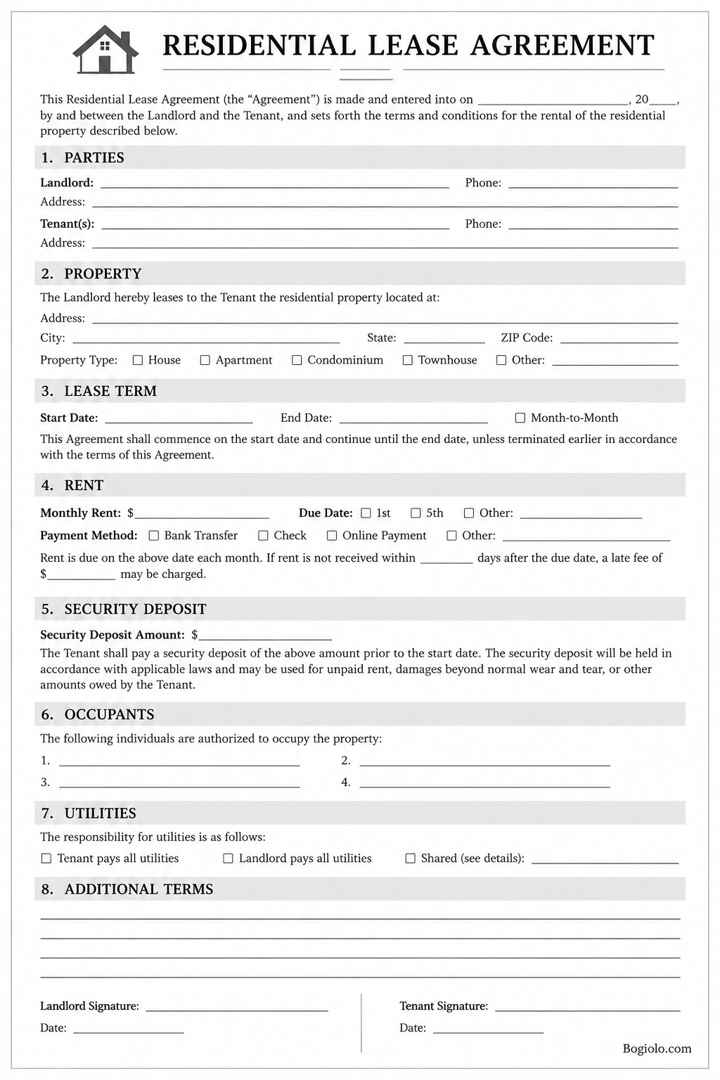 Printable residential lease agreement template in black and white with sections for landlord and tenant details, property information, rent, security deposit, utilities, and signatures