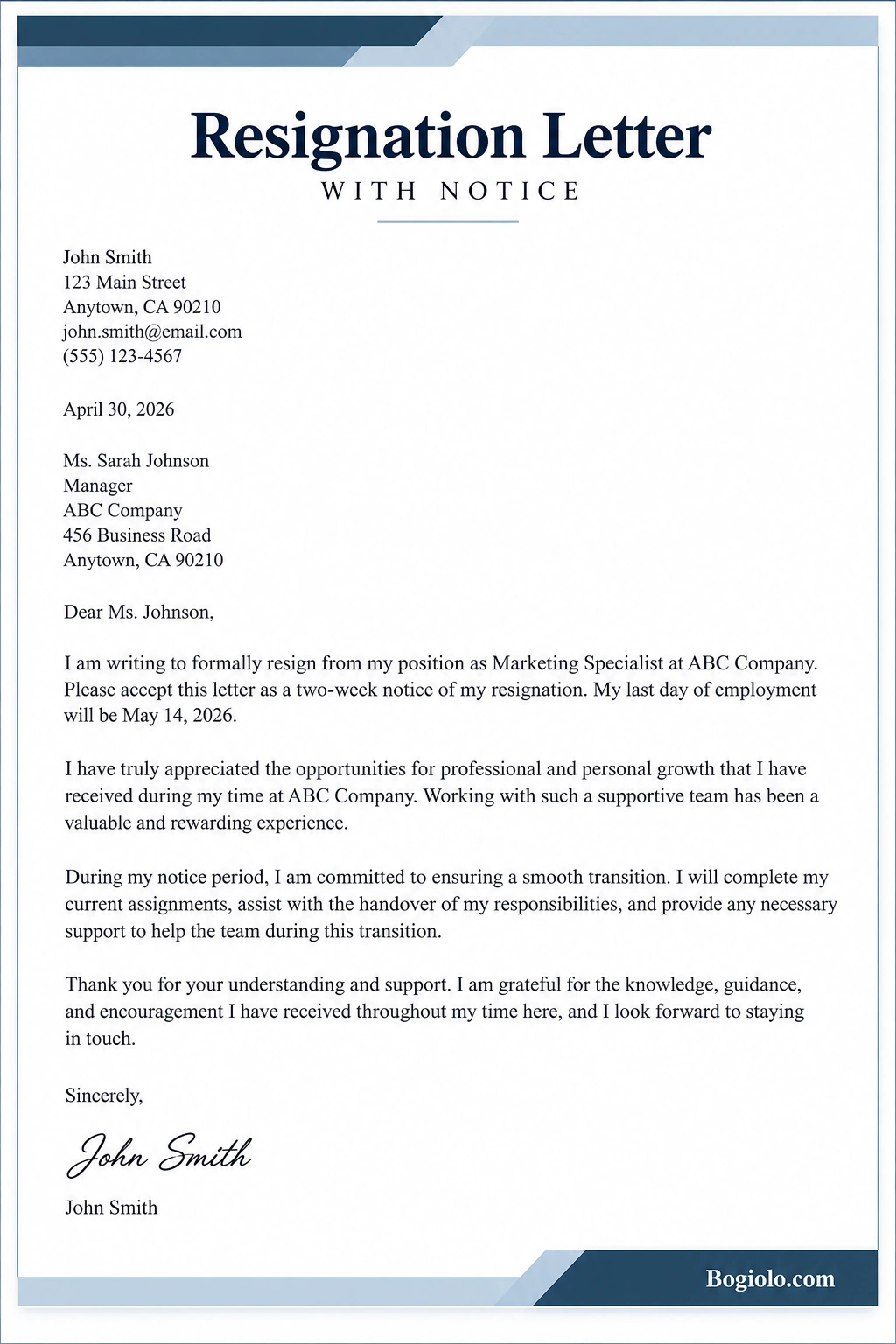 Professional resignation letter with notice sample showing a formal resignation, two-week notice, final working day, appreciation, and transition assistance