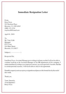 Resignation Letter without Notice Example