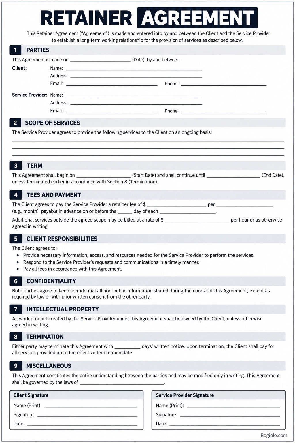 Printable retainer agreement template with scope of services, payment terms, agreement duration, confidentiality, termination clauses, and signature fields