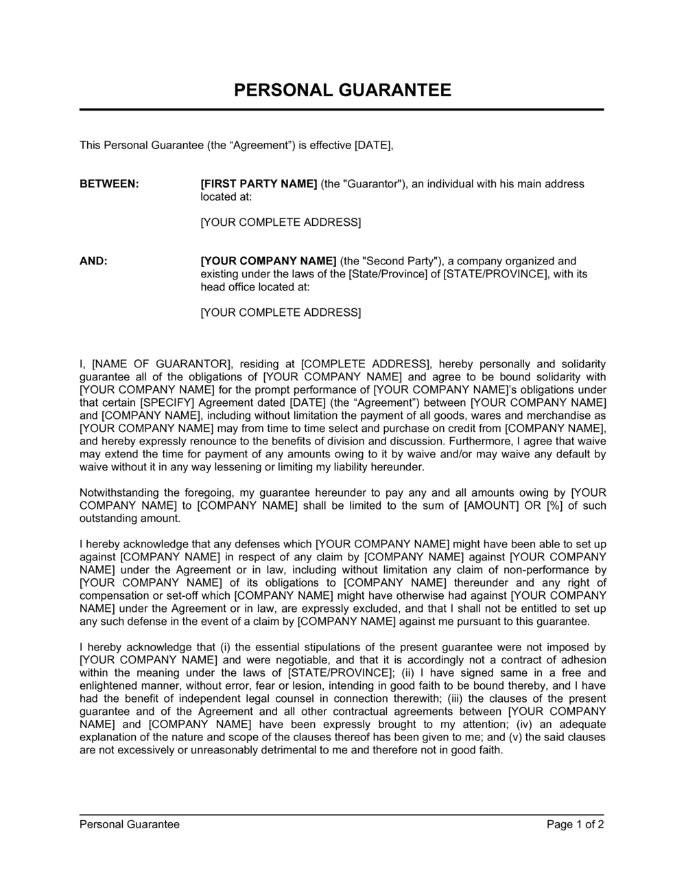 Sample Personal Guarantee Template Sample Personal Guarantee Template