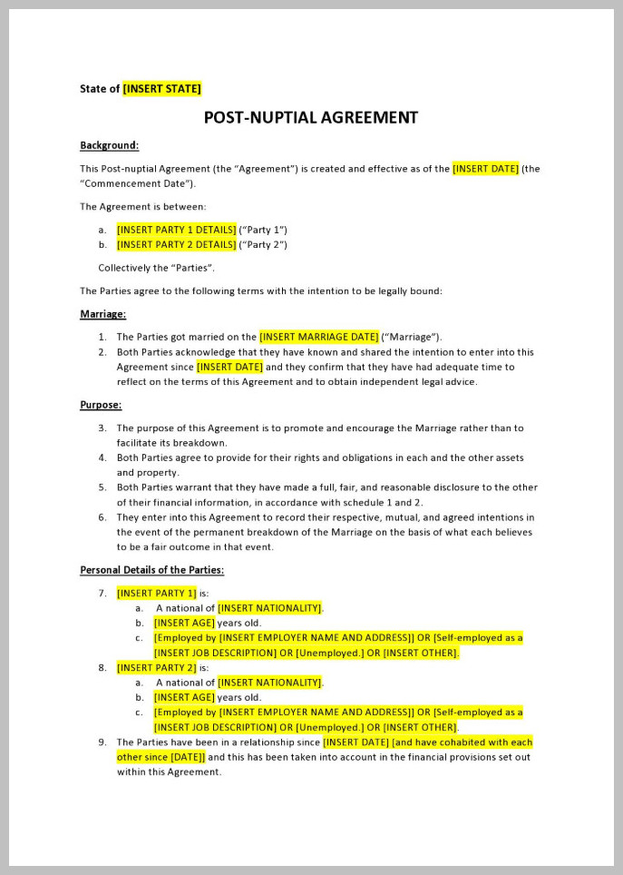 Sample Postnuptial Agreement Template Sample Postnuptial Agreement Template