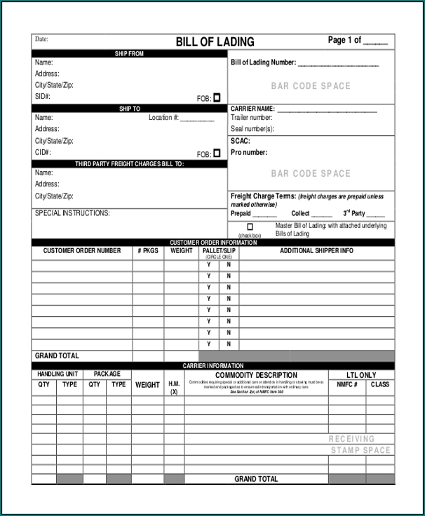 Sample of Bill Of Lading Template