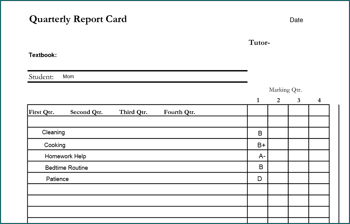 Sample of Blank Report Card