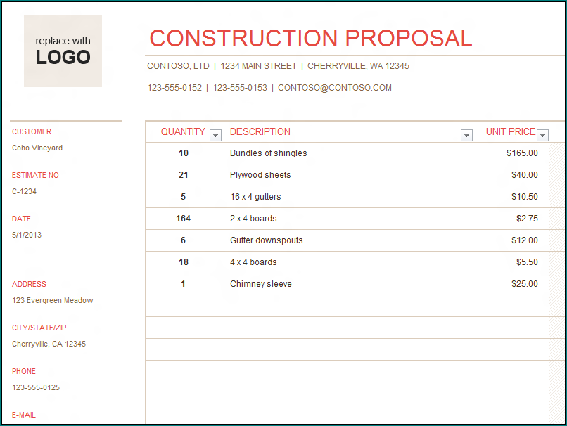 Sample of Construction Quote Template