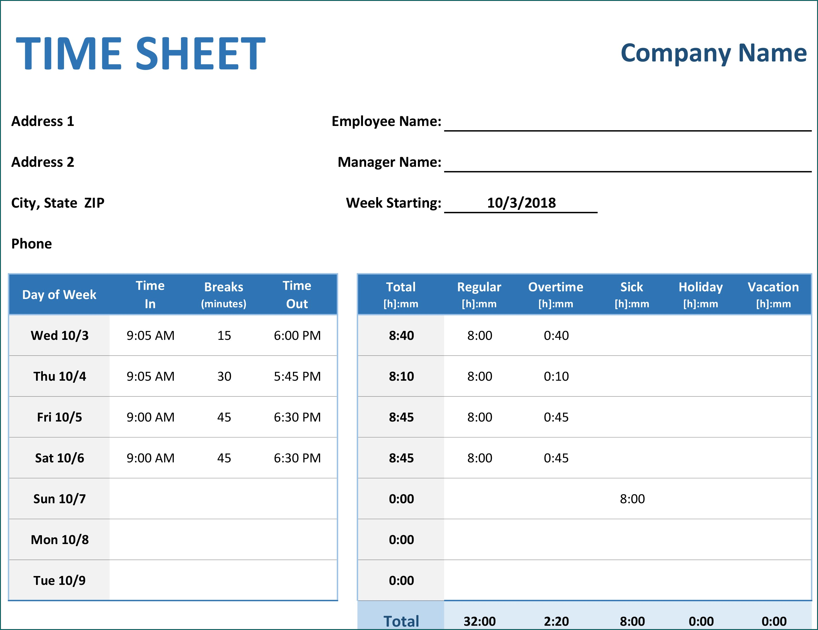 Sample of Employee Time Tracking Excel