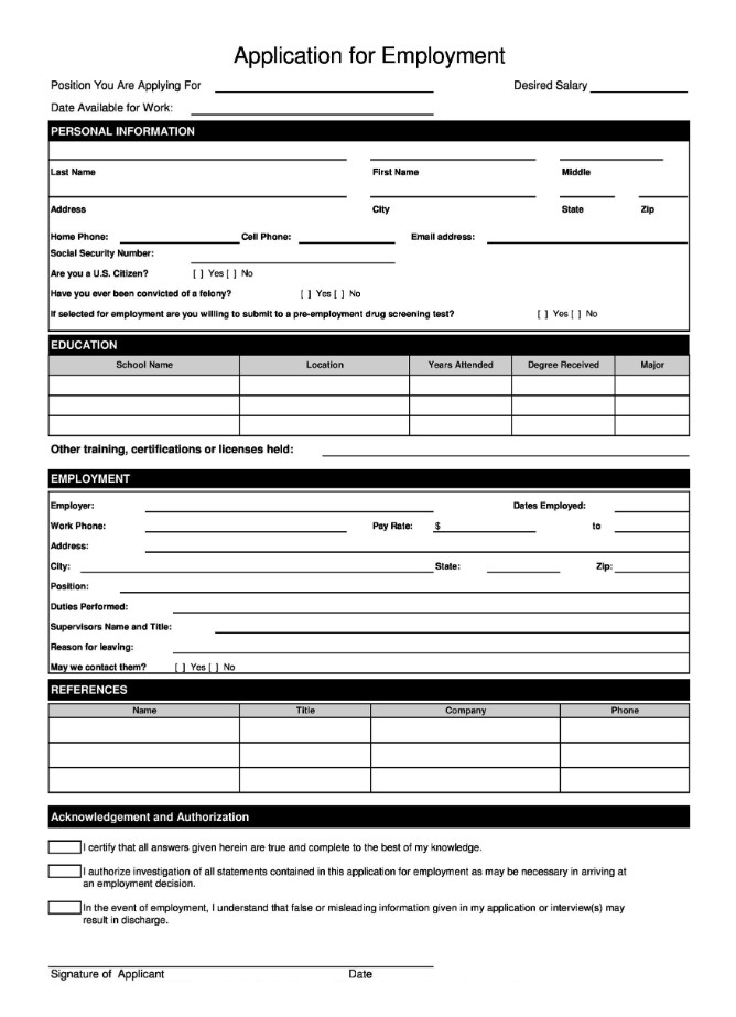Sample of Job Employment Application Template