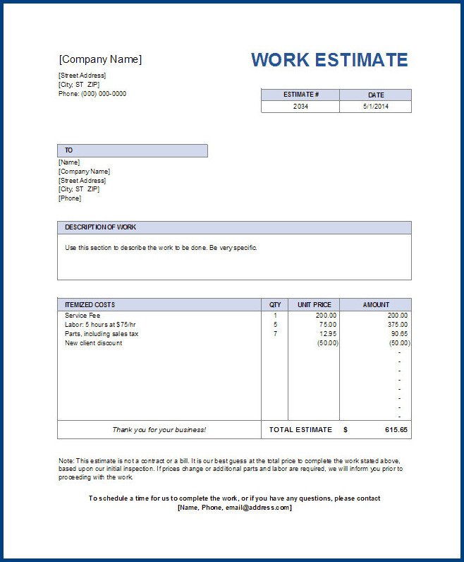 Sample of Job Estimate Template