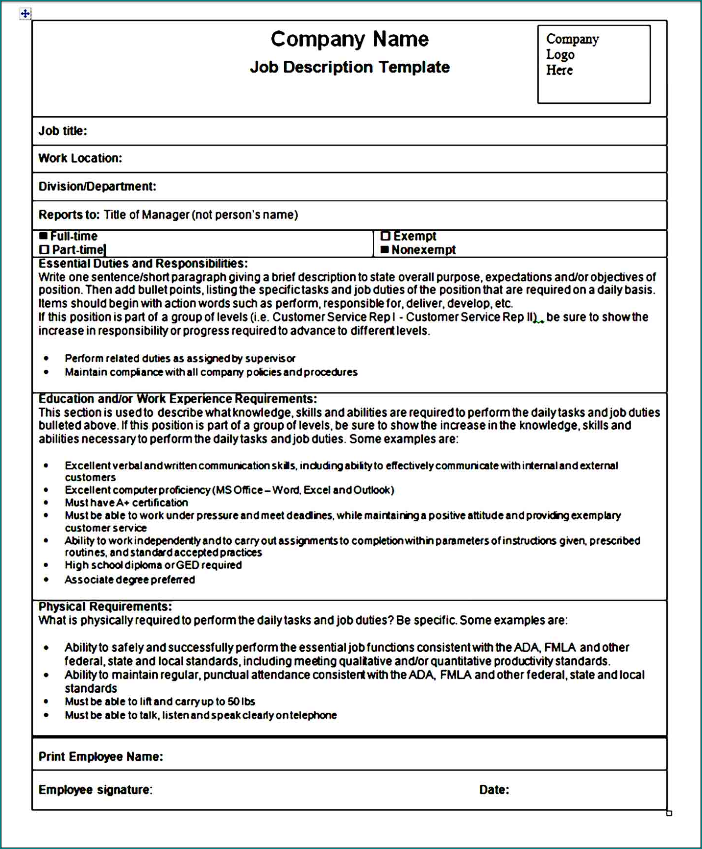 Sample of Job Requirements
