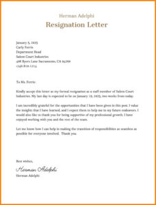 Sample of Job Resignation Letter Template