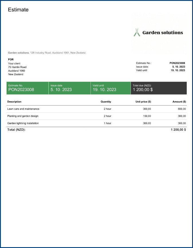 Sample of Landscape Estimate Template