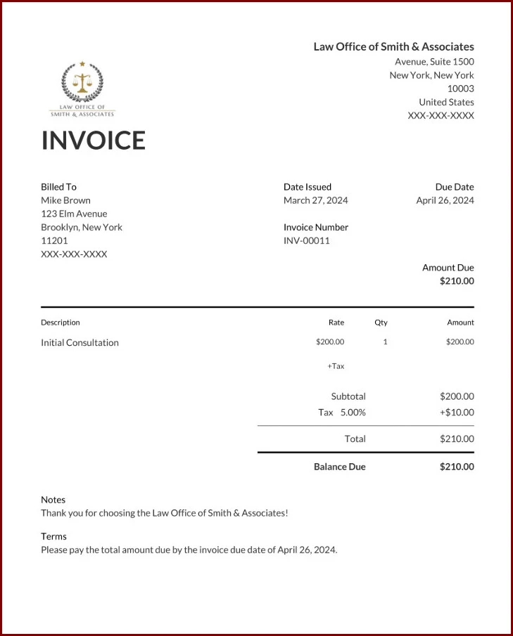 Sample of Law Firm Invoice Template