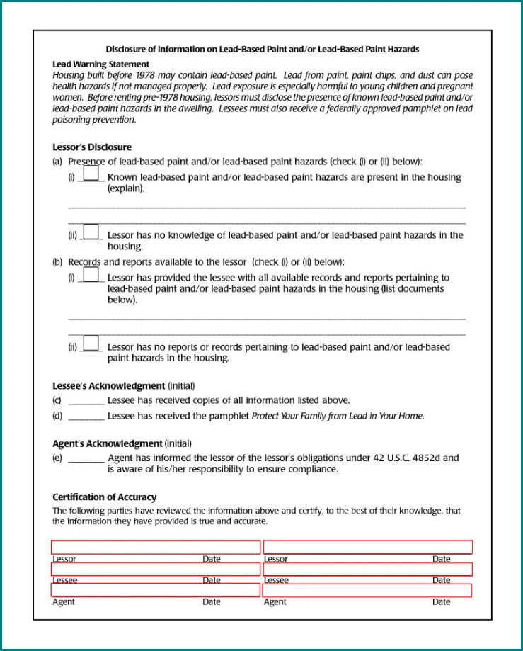 Sample of Lead Based Paint Disclosure Form